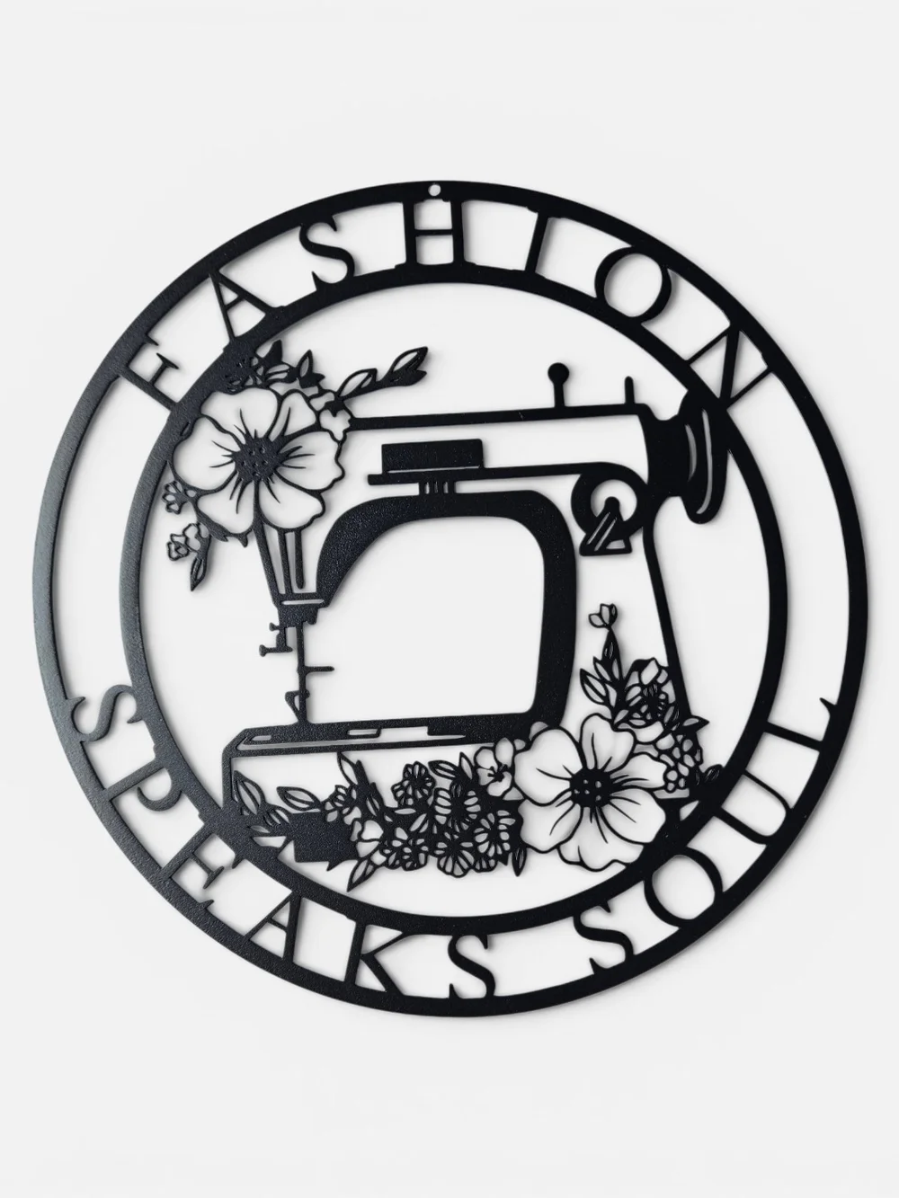 Black Floral Sewing Machine Wall Art, Metal Sewing Sign- 'Fashion Speaks Soul'